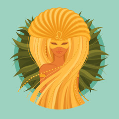 Leo zodiac sign. Ancient pagan goddess with golden crown. Vector illustration