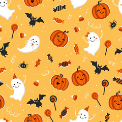 Wall Mural - Fun hand drawn halloween seamless pattern, cute and spooky background, great for textiles, banners, wallpapers, wrapping - vector design