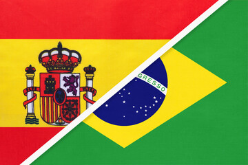 Spain and Brazil, symbol of two national flags from textile. Partnership between European and American countries.