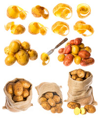 Wall Mural - a fresh raw potatoes in a sack on a white background