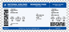Boarding Pass Template With Sample Text And Qr Code. Air Travel Concept For Travel Design Or Business Meetings. Vector Paper Boarding Pass With Tear Line On Transparent Background.