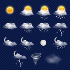 Wall Mural - Transparent weather forecast icon set, vector realistic illustration