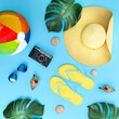 Summer  vacation concept top view instagram illustration. Flat lay banner illustration of summer symbols. Flip flops, sun glasses, shells, camera, beach ball. 