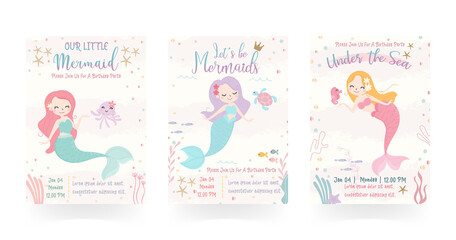 Wall Mural - Set of cute mermaid theme birthday party invitation card vector illustration.