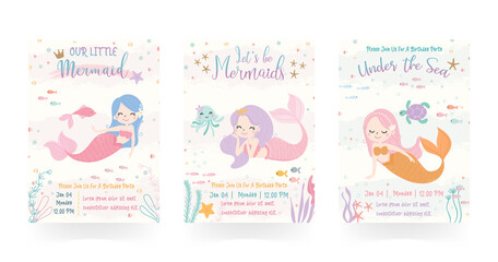 Wall Mural - Set of cute mermaid theme birthday party invitation card vector illustration.