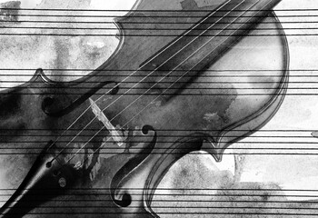 Wall Mural - vintage violin on a sheet music background. black and white