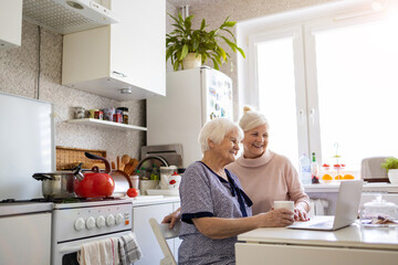 Poster - Adult daughter teaching her elderly mother to use laptop
