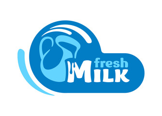 Fresh milk logo concept - jug silhouette flowing with milk splashes inside a decorative rounded frame - isolated vector emblem