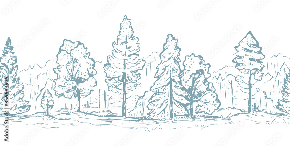 Forest hand drawn graphic seamless vector sketch pattern. Fir trees and ...