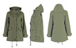 Women's winter parka jacket in military style.  Isolated image on a white background.  Front, side and back view.
