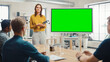 Female Project Manager Holds Meeting Presentation for a Team of Developers. She Shows Green Screen Interactive Whiteboard Device for Business Planning Concept. Young People Work in Creative Office.
