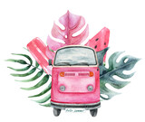 Fototapeta Lawenda - Watercolor cute summer card with bus, tropical leaves and ice cream.