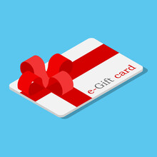 E-Gift Cards With Red Bow And Ribbon. Vector Illustration. Gift Or Credit Card Design Template