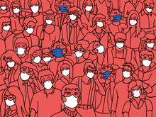 Even Though Everyone Wears Face Masks, The Risk Of Corona Infection Is Particularly High When Many People Come Together In A Small Space. Covid-19 Concept Illustration. 