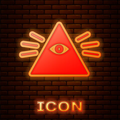 Wall Mural - Glowing neon Masons symbol All-seeing eye of God icon isolated on brick wall background. The eye of Providence in the triangle. Vector Illustration