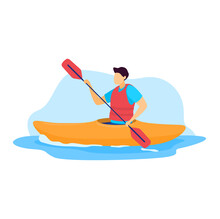 Sportsman Vector Illustration. Cartoon Flat Man Kayaker Character Kayaking, Riding And Paddling Boat Canoe In Sea Waves. Extreme Outdoor Watersport Activity, Active Lifestyle Isolated On White