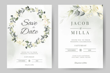 wedding invitation card template set with white rose bouquet wreath leave watercolor painting