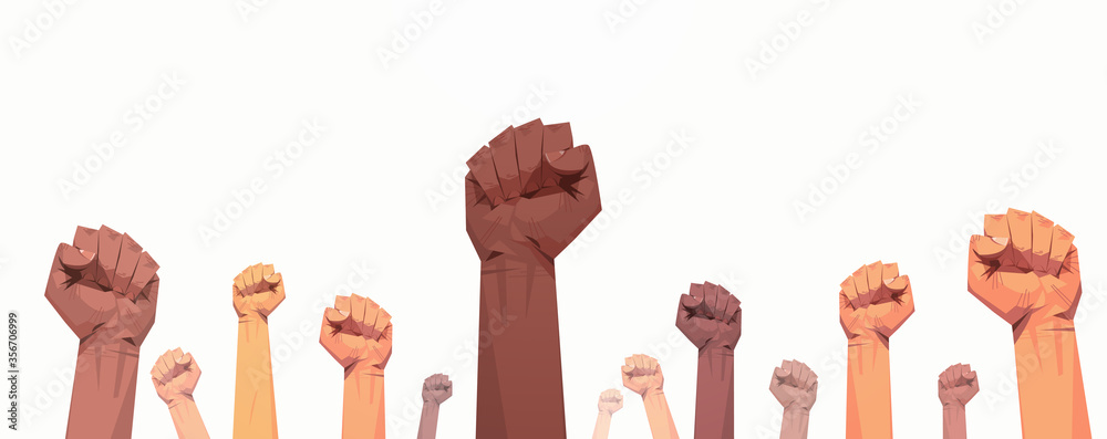 black lives matter raised up mix race fists awareness campaign against racial discrimination of dark skin color support for equal rights of black people horizontal vector illustration - obrazy, fototapety, plakaty 