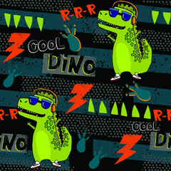 Aufkleber - Grunge seamless pattern with cool dinosaur on dark background