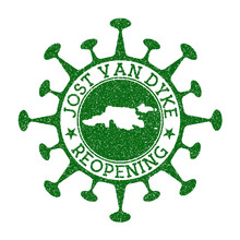 Jost Van Dyke Reopening Stamp. Green Round Badge Of Island With Map Of Jost Van Dyke. Island Opening After Lockdown. Vector Illustration.