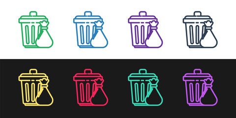 Sticker - Set line Trash can and garbage bag icon isolated on black and white background. Garbage bin sign. Recycle basket icon. Office trash icon. Vector Illustration.