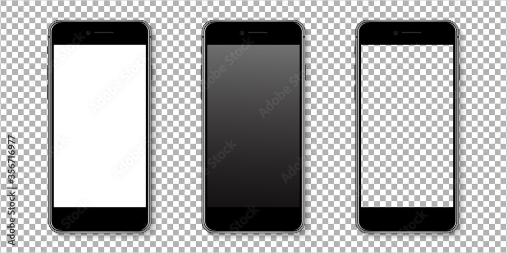Realistic smartphone display mockup set. Smartphone mockup isolated on transparent background. Realistic vector illustration. - obrazy, fototapety, plakaty 