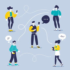 Wall Mural - Man and woman chatting communication in messenger. Vector creative illustration of group of young people with smart phone and speech bubble on color background.