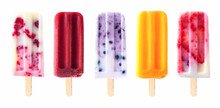 Assortment Of Cold Summer Fruit Popsicles Isolated On A White Background
