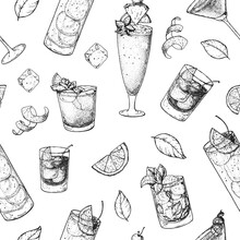 Cocktails Hand Drawn Seamless Pattern. Vector Illustration. Alcoholic Cocktails Sketch Set. Engraved Style. Design Template For Bar.