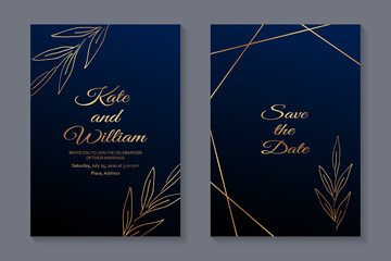 Set of modern floral luxury wedding invitation design or card templates for business or presentation or greeting with golden leaves and lines on a navy blue background.