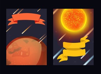 Wall Mural - Planet system, pattern for print, space body vector illustration. Object red surface planet Mars in infinite space. Hot star sun in its planet system, cartoon bright comets fly behind.