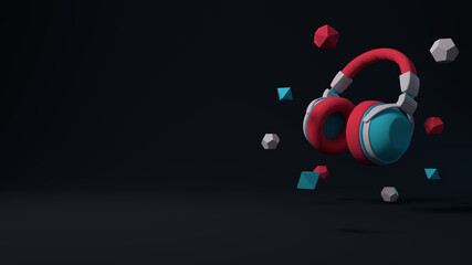 3d illustration 3d render of headphones music sound effect earphones earplugs podcast video animation notes fly in air cable wire listen hear melody instrument live play pause sing background copy 