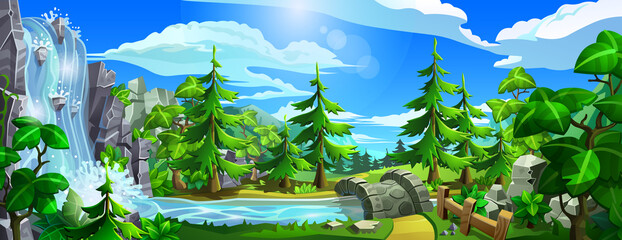 forest with waterfall, river, leave trees and spruces. panorama of cartoon, coniferous forest with m