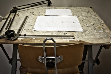 drawing table with blueprints, architect table, vintage, sketches close up