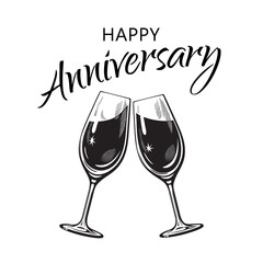 Happy Anniversary card. Text and two sparkling glasses of wine or champagne Vector illustration.