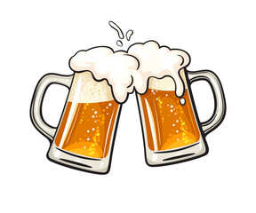 Two toasting beer mugs, Cheers. Clinking glass tankards full of beer and splashed foam