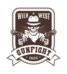 skull cowboy western badge - bandit with guns. retro wild west tattoo - skeleton with pistols. vecto