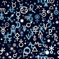 Wall Mural - Astrological hieroglyphic signs, Mystic kabbalistic symbols. Deep Night background, Chaotic seamless pattern.