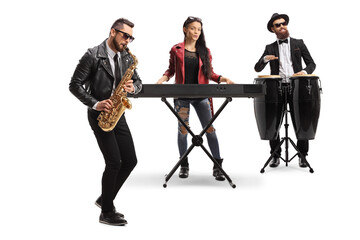 Sticker - Musical band with a male sax player, a female keyboard player and a conga drummer