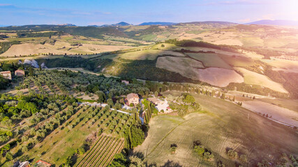 Sticker - Pienza, Tuscany. Aerial view at sunset of famous medieval town