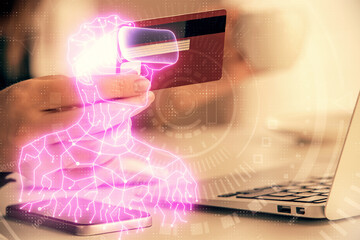 Poster - Multi exposure of woman on-line shopping holding a credit card and man in AR glasses drawing. E-learning concept.