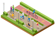 Isometric People Relaxing And Walking In The Park. People Ride A Bike On A Bicycle Path. Active And Healthy Relaxation.