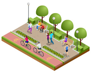 Isometric people relaxing and walking in the park. People ride a bike on a bicycle path. Active and healthy relaxation.