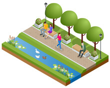 Isometric Eople Relaxing And Walking In The Park Near The Lake. Active And Healthy Relaxation.