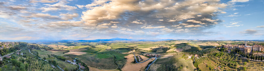 Wall Mural - Pienza, Tuscany. Aerial view at sunset of famous medieval town