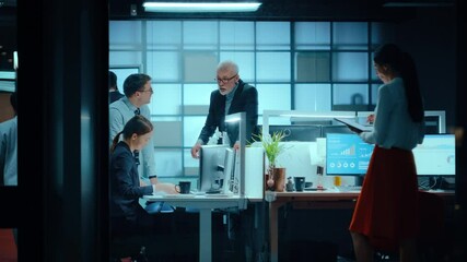 Poster - Footage from Outside the Window: Business Meeting in the Office. Managers and Financial Specialists Approve Development Work Done by an Aspiring Secretary or a Junior Specialist.