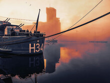Fog In The Harbor Of Gdynia Poland. Fire At Baltic Sea, Impression And Historical Past