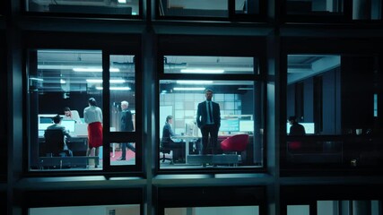 Poster - Footage from Outside the Window: Serious Businessman Walking to an Office Window. Business Managers and Financial Specialists Work in the Background. Employee Thoughtfully Looks in the Distance.