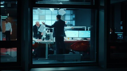 Poster - Footage from Outside the Window: Business Meeting Goes Out of Hand When Managers Start to Argue Over Financial Charts and Stock Prices. Crisis Reaches Peak when Employee Throws Papers in the Air.