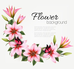 Poster - Beautiful nature flower background with a pink clematis and butterflies with roses. Vector.